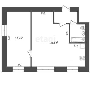 2-к квартира, вторичка, 43м2, 1/5 этаж