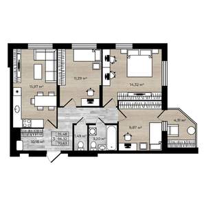 3-к квартира, строящийся дом, 68м2, 2/17 этаж
