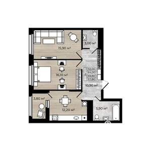 2-к квартира, строящийся дом, 66м2, 13/18 этаж