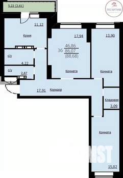3-к квартира, сданный дом, 89м2, 4/14 этаж