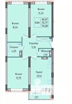 3-к квартира, вторичка, 74м2, 7/16 этаж