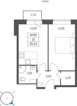 1-к квартира, вторичка, 38м2, 9/11 этаж