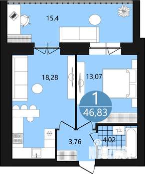 1-к квартира, вторичка, 47м2, 2/9 этаж