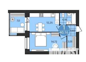 1-к квартира, строящийся дом, 40м2, 1/4 этаж