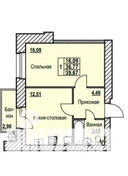 1-к квартира, строящийся дом, 40м2, 4/9 этаж