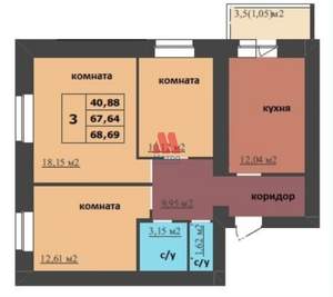 3-к квартира, вторичка, 69м2, 7/16 этаж