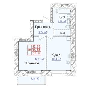 1-к квартира, вторичка, 38м2, 2/9 этаж