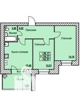 2-к квартира, строящийся дом, 63м2, 2/9 этаж