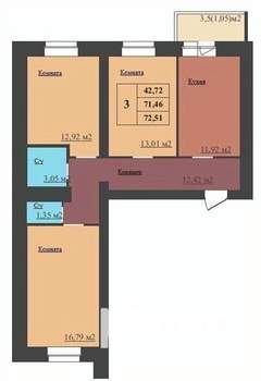 3-к квартира, сданный дом, 73м2, 13/17 этаж