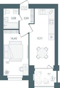 1-к квартира, строящийся дом, 42м2, 4/16 этаж