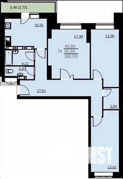 3-к квартира, строящийся дом, 89м2, 18/24 этаж