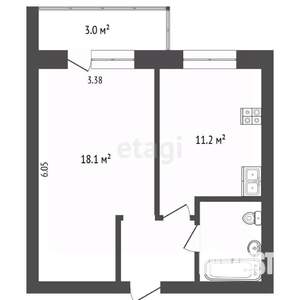 1-к квартира, вторичка, 39м2, 1/3 этаж