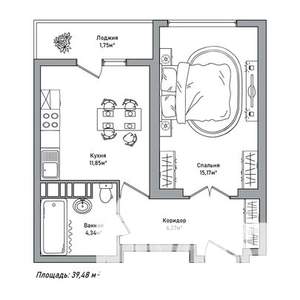 1-к квартира, строящийся дом, 39м2, 2/14 этаж