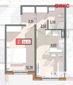 2-к квартира, сданный дом, 34м2, 3/8 этаж