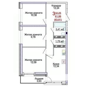 3-к квартира, строящийся дом, 64м2, 4/17 этаж