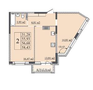 2-к квартира, вторичка, 58м2, 3/18 этаж