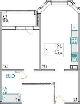 1-к квартира, вторичка, 47м2, 2/10 этаж