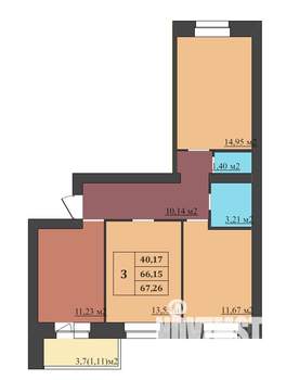 3-к квартира, строящийся дом, 67м2, 8/9 этаж