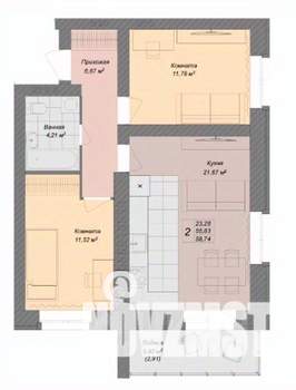 2-к квартира, сданный дом, 59м2, 4/9 этаж