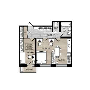 2-к квартира, вторичка, 59м2, 15/18 этаж