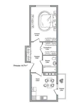 1-к квартира, вторичка, 45м2, 2/10 этаж