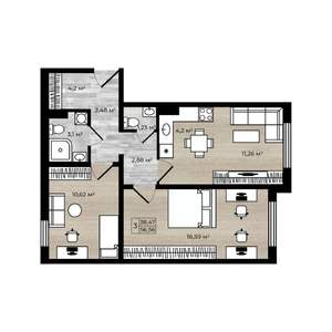 2-к квартира, вторичка, 57м2, 9/18 этаж