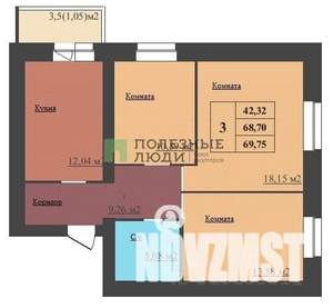3-к квартира, сданный дом, 70м2, 8/16 этаж