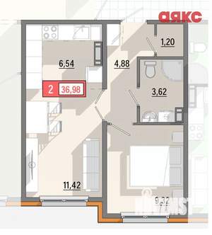 1-к квартира, сданный дом, 37м2, 2/8 этаж