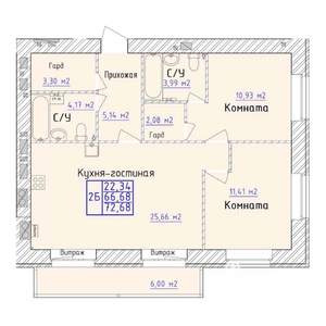 2-к квартира, вторичка, 73м2, 3/9 этаж