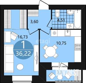 1-к квартира, вторичка, 36м2, 2/12 этаж