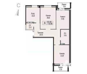 3-к квартира, строящийся дом, 115м2, 3/8 этаж