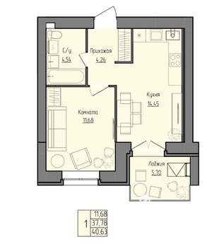 1-к квартира, вторичка, 38м2, 3/3 этаж