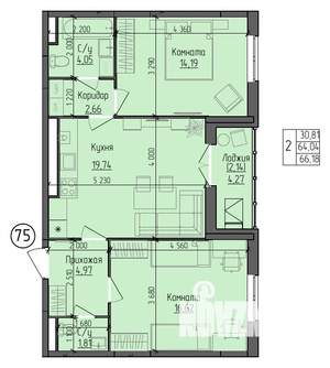 2-к квартира, строящийся дом, 66м2, 6/9 этаж