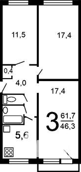 3-к квартира, вторичка, 62м2, 6/9 этаж