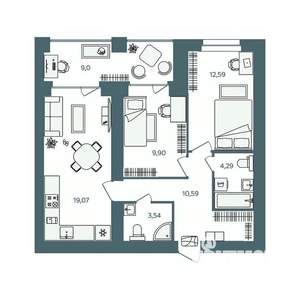 2-к квартира, строящийся дом, 64м2, 3/16 этаж