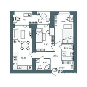 2-к квартира, строящийся дом, 64м2, 4/16 этаж