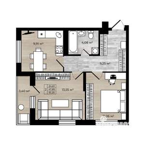 2-к квартира, строящийся дом, 50м2, 14/17 этаж