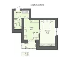 1-к квартира, строящийся дом, 42м2, 1/4 этаж