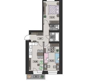 2-к квартира, вторичка, 57м2, 1/8 этаж