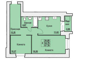 2-к квартира, вторичка, 58м2, 1/10 этаж