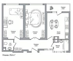 2-к квартира, вторичка, 60м2, 7/14 этаж