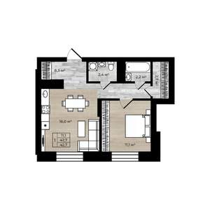 1-к квартира, вторичка, 43м2, 1/12 этаж