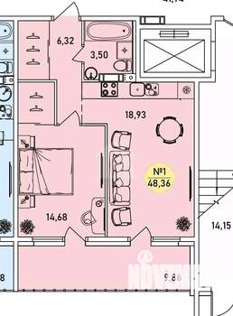 1-к квартира, вторичка, 48м2, 1/9 этаж