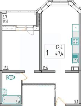 1-к квартира, вторичка, 47м2, 9/10 этаж