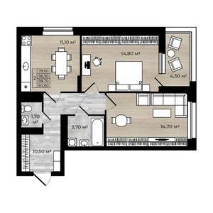 2-к квартира, строящийся дом, 59м2, 16/18 этаж