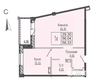 1-к квартира, строящийся дом, 58м2, 2/8 этаж
