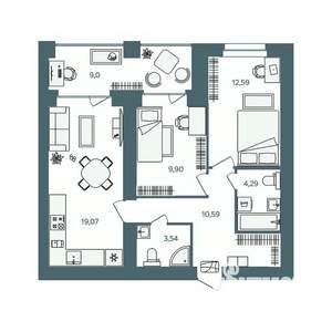 2-к квартира, строящийся дом, 64м2, 5/16 этаж