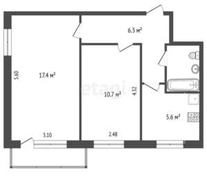 2-к квартира, вторичка, 43м2, 4/5 этаж