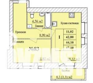 1-к квартира, вторичка, 44м2, 6/8 этаж