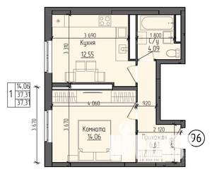 1-к квартира, строящийся дом, 37м2, 8/9 этаж